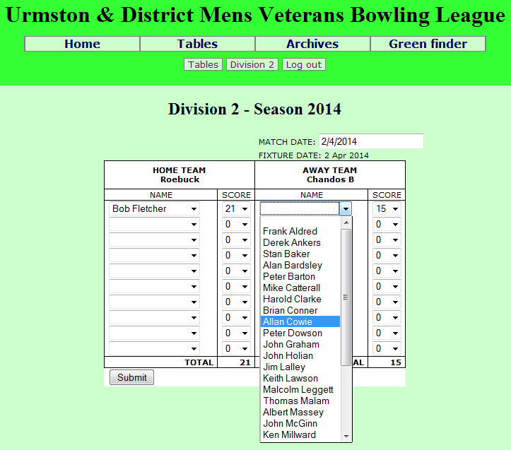 Match data entry sheet